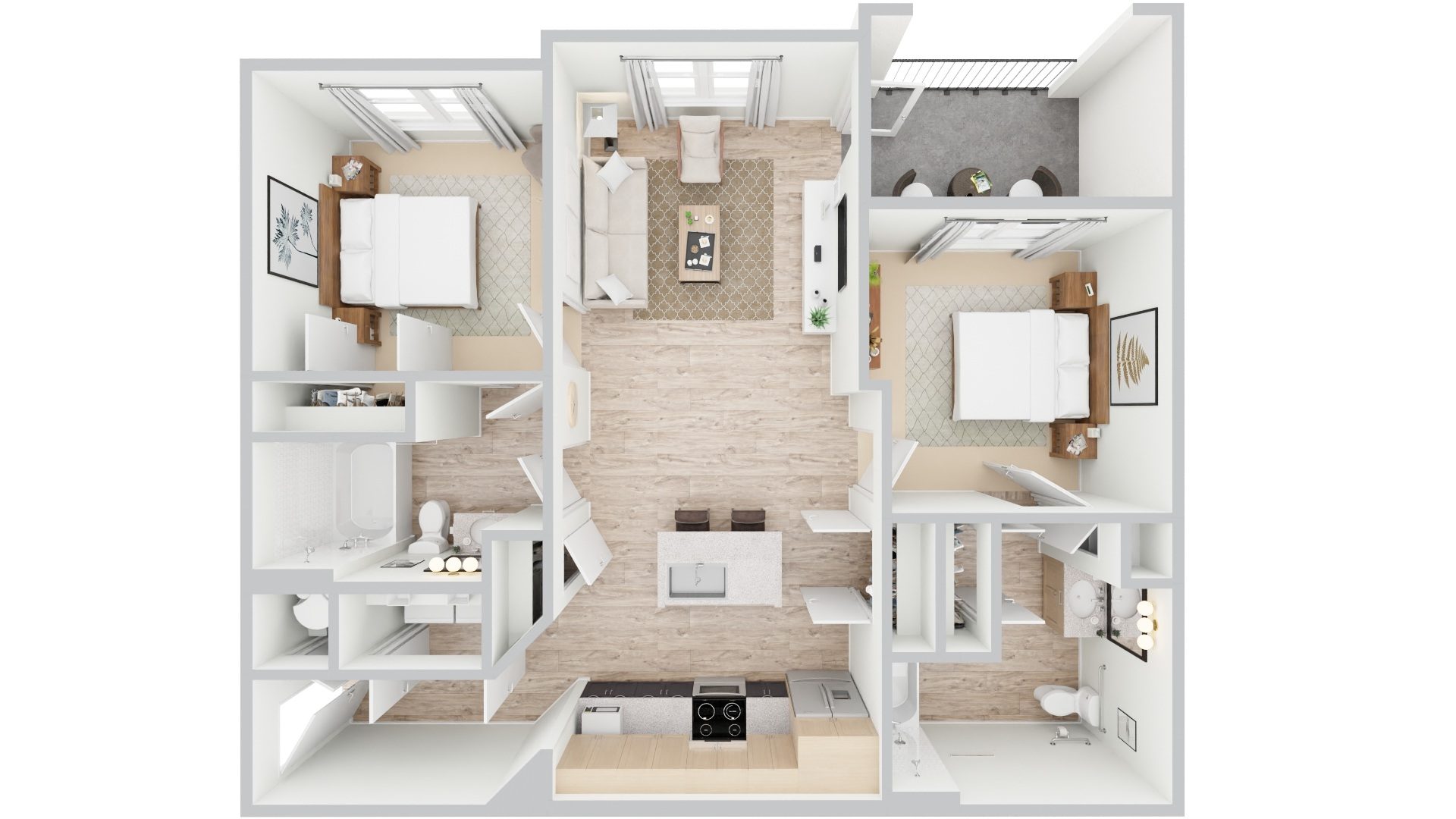 Floor plan for 2 beds, 2 baths, 1058 sqft